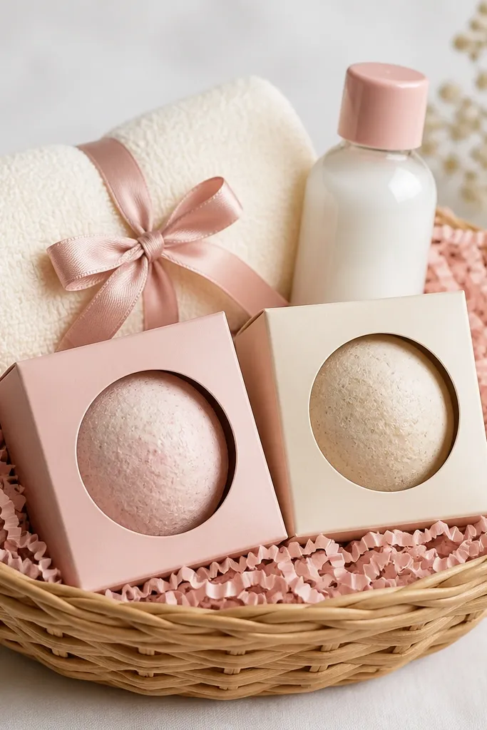 A shallow wicker basket lined with pale pink crinkle paper. On top sits a rolled cream hand towel tied with blush ribbon. In front are two boxed bath bombs with blush and cream labels, and behind them a small clear bottle of lotion with a blush cap.