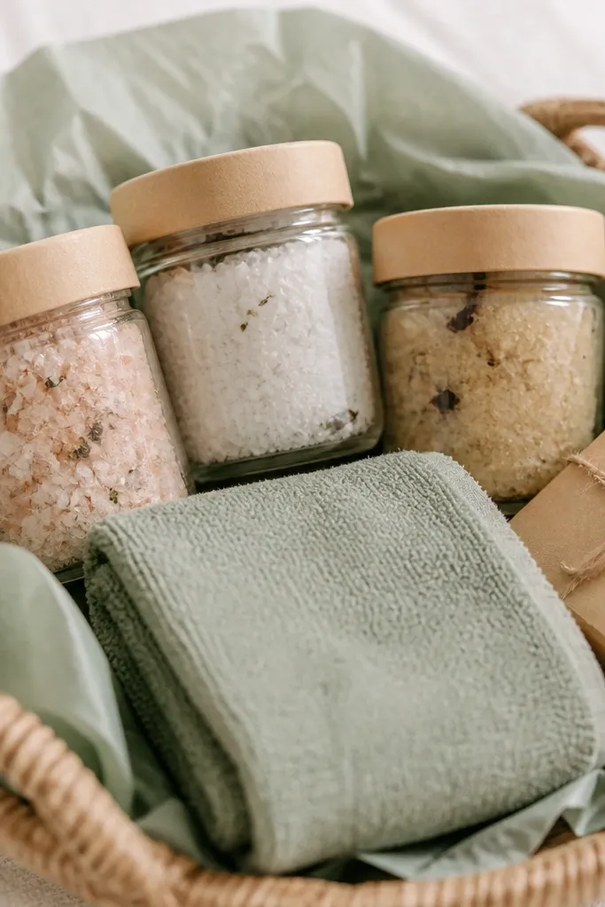 Three small glass jars in a basket lined with sage tissue. The jars are filled with bath salts and sugar scrub, with kraft lids. A folded sage washcloth sits in front, and a small bar soap wrapped in brown paper peeks out on the side.
