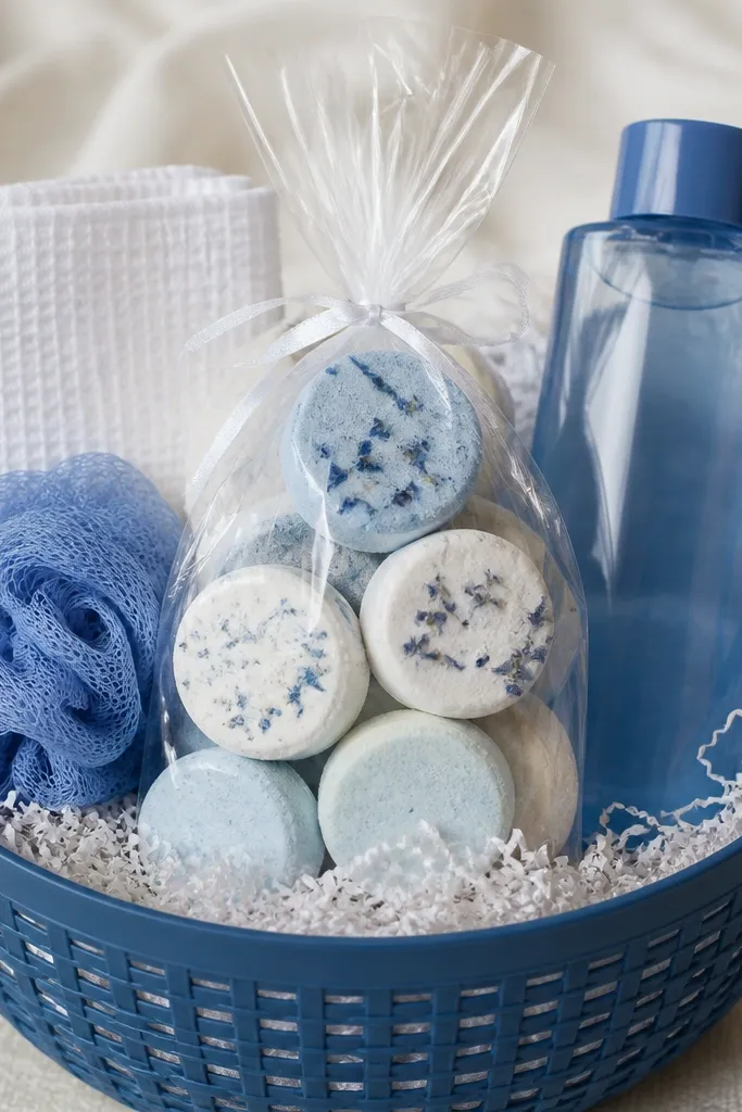 A blue-toned plastic basket lined with white shredded paper. A bundle of shower steamers wrapped in clear cellophane sits in the center. On the right is a tall bottle of body wash with a blue cap, and on the left a small loofah and a white washcloth are stacked.