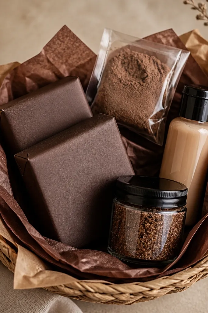 A basket with brown paper lining and cocoa-colored tissue. Inside are two chocolate-brown wrapped bars of soap, a small jar of coffee scrub, and a mini lotion bottle. The top has a small piece of faux cocoa powder in a clear pouch.