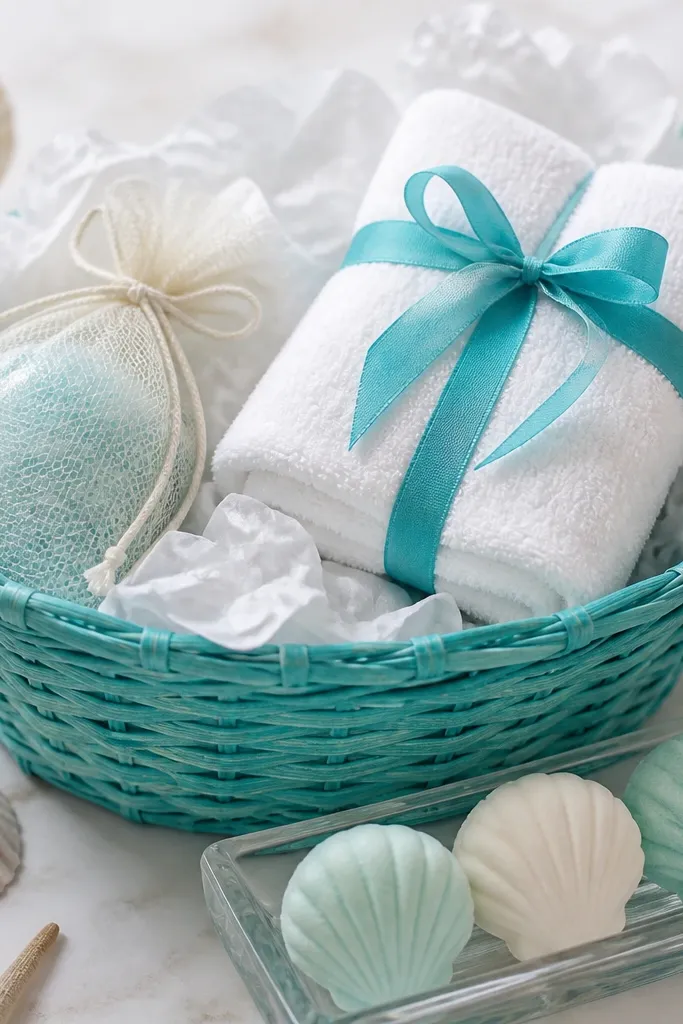 A turquoise woven basket with white crinkle tissue. A small net bag holds bath salts. A folded white towel sits on top with a turquoise ribbon. Small seashell-shaped bath melts are arranged in a clear tray at the front.