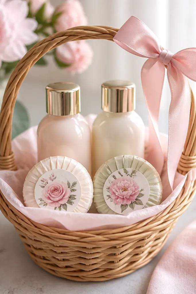 A small round basket with pale pink lining. Two mini hand creams in glossy bottles sit side by side. A pink ribbon bow wraps around the basket handle area. In front are two wrapped hand soaps with floral labels.