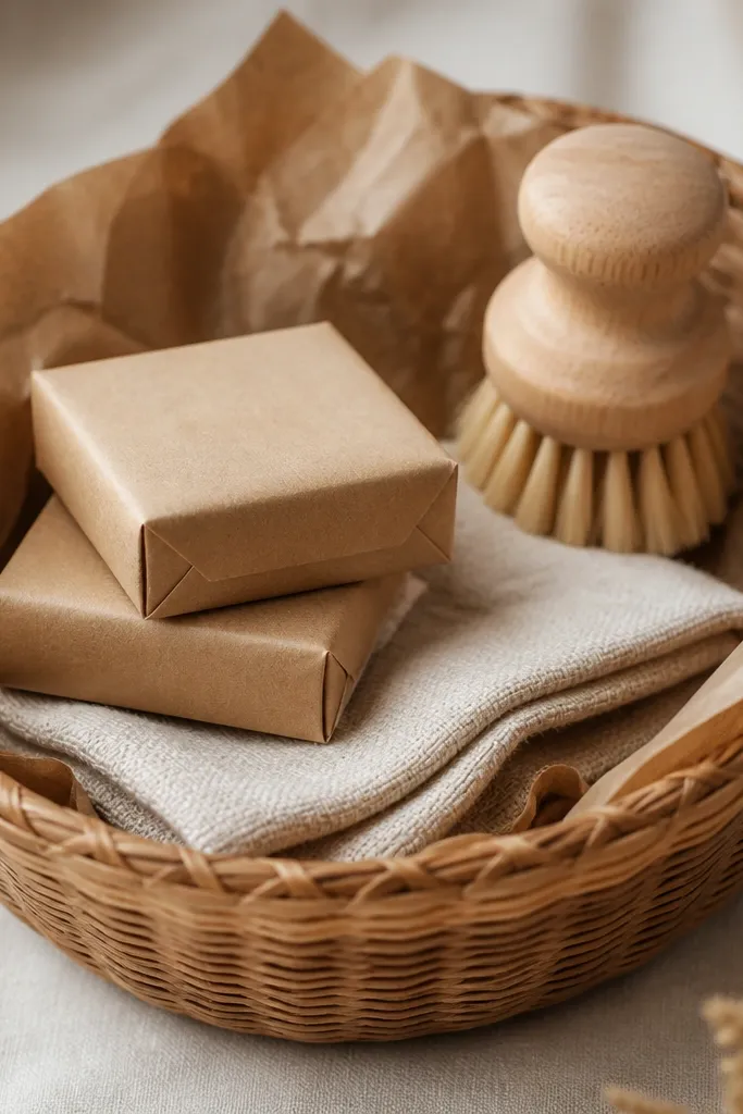 A rattan-style basket lined with kraft paper. A beige linen washcloth is folded and tucked under two bar soaps wrapped in kraft. A small wooden-handled scrub brush sits upright in the back.