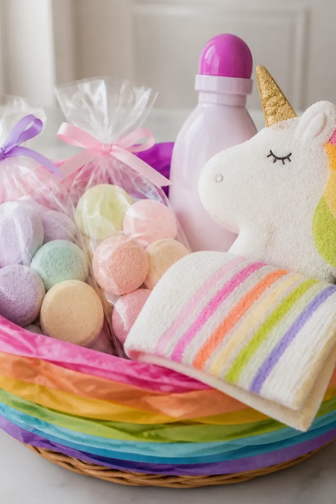 A bright but organized basket with rainbow tissue stripes. Inside are kid-safe bath fizz tablets in clear bags, a mild bubble bath bottle with a colorful cap, and a unicorn-shaped bath sponge. A small towel with a rainbow stripe folds on top.