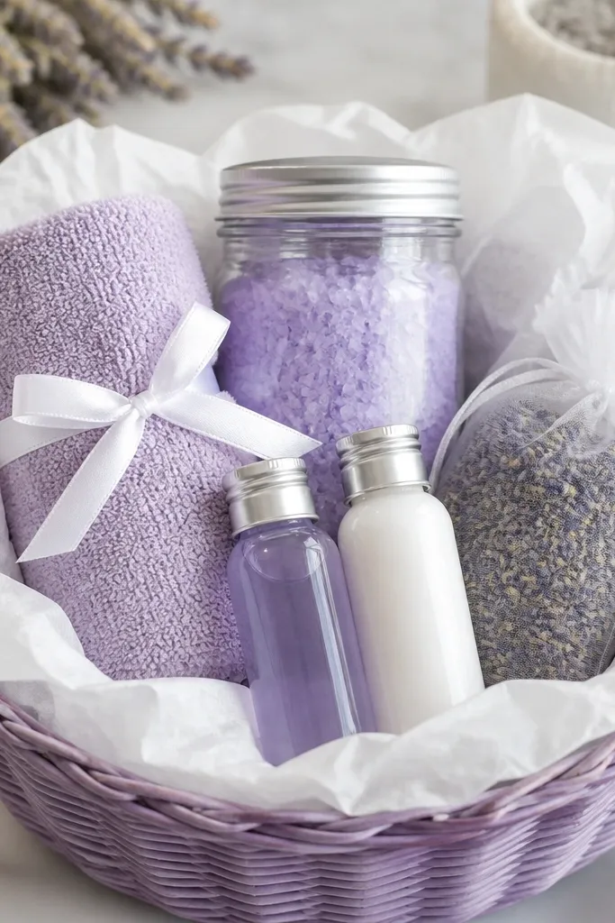 A lavender-toned basket lined with white tissue. A small jar of lavender bath salts sits center. A rolled lavender towel is secured with white ribbon. In front are two travel-size lotions and a lavender sachet in a clear pouch.
