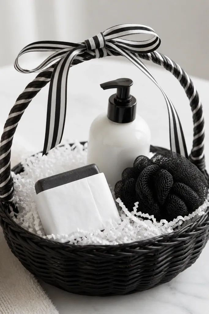 A black basket lined with white crinkle paper. Everything inside is black and white: a black charcoal soap wrapped in white paper, a white lotion bottle, and a small black loofah. A black-and-white striped ribbon wraps the handle.