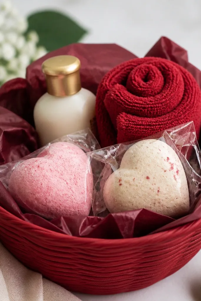 A deep red basket lined with burgundy tissue. A mini bottle of lotion sits behind a rolled washcloth made from red fabric. In front are two heart-shaped bath melts in clear packaging.