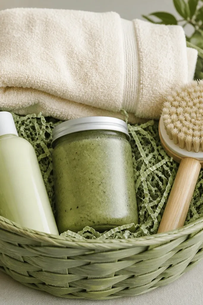 A sage-green basket lined with pale green shredded paper. A bamboo-handled scrub brush stands on the right. A jar of green tea scrub sits center and a small bottle of lotion sits left. A folded cream towel covers the top.