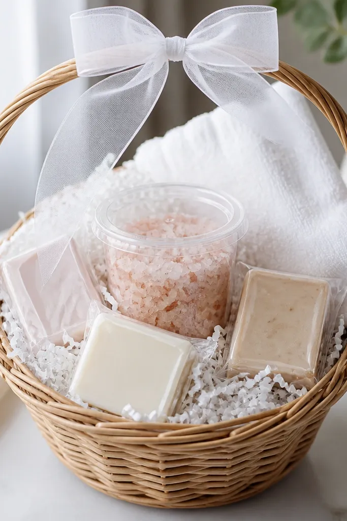 A basket lined with white shredded paper. A clear plastic cup holds bath salts and sits in the center. Around it are small wrapped soaps and a folded white face towel. A sheer white ribbon bow ties the handle.