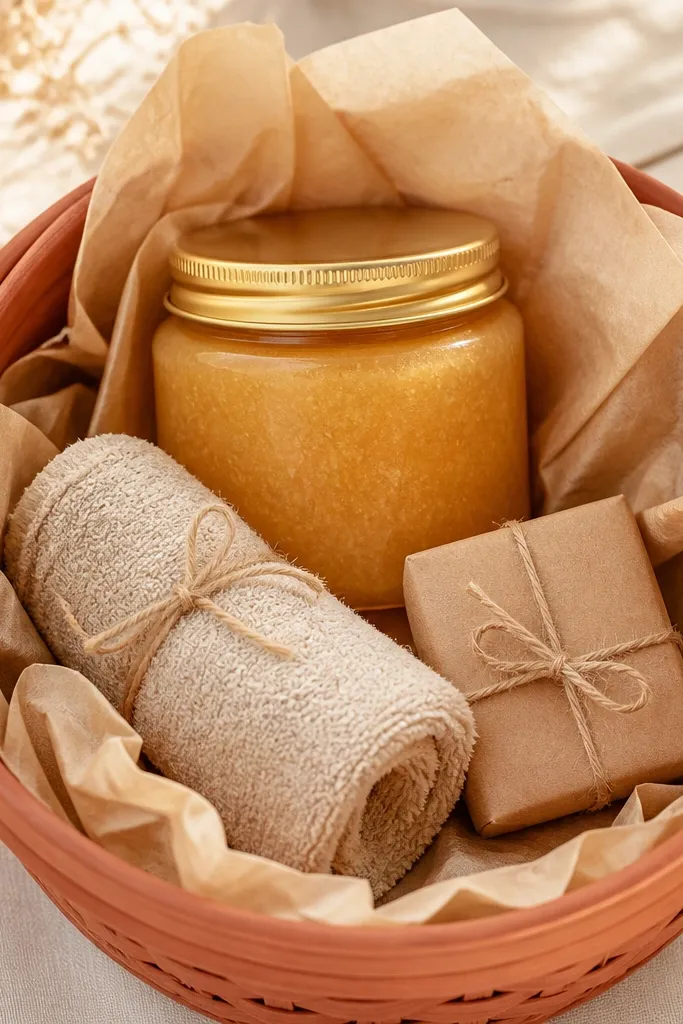 A terracotta-colored basket lined with warm beige tissue. A honey-colored scrub jar sits center with a gold-toned lid. In front is a rolled beige towel tied with twine and a small bar soap wrapped in kraft paper.