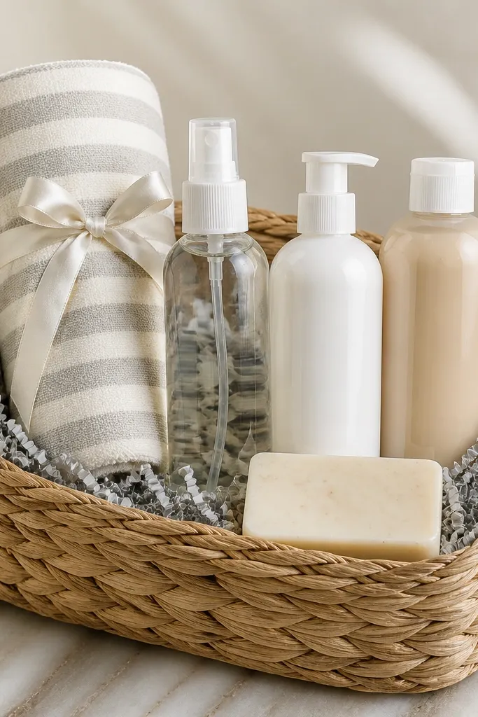 A neutral wicker basket lined with gray crinkle paper. A striped towel roll sits on top, tied with white ribbon. Three bottles stand upright: clear spray, white lotion, and beige body wash. A small bar soap rests at the front edge.