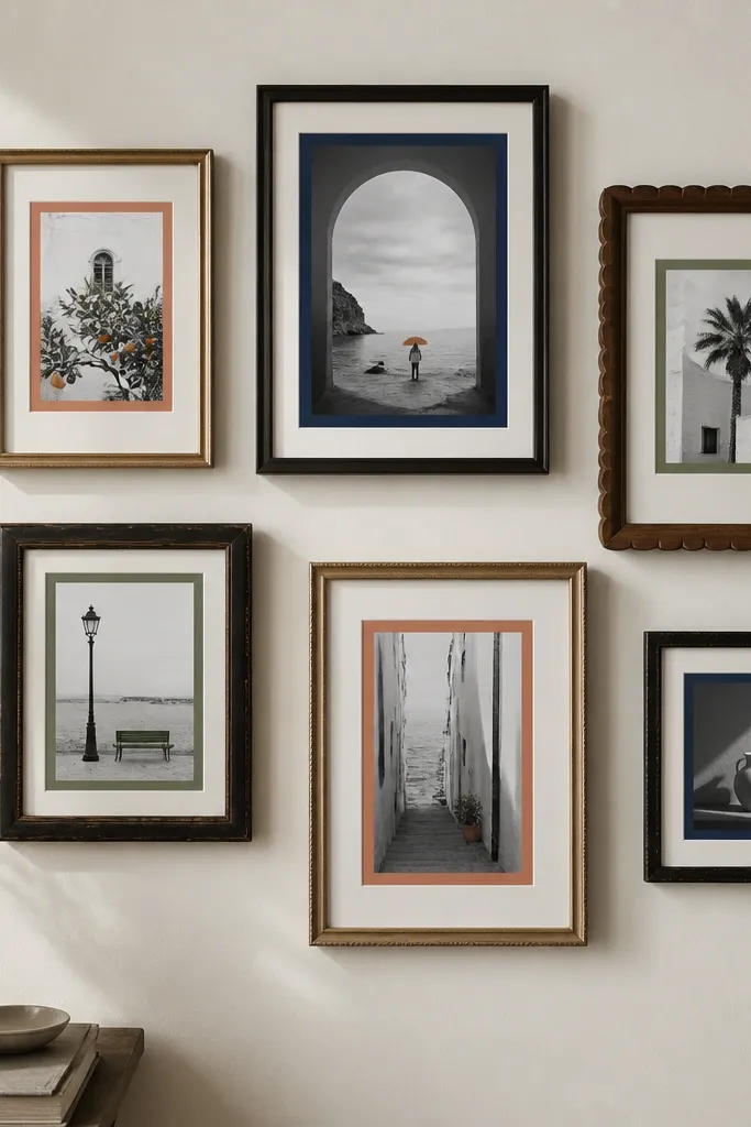 A cluster of 6 mismatched thrift frames on a pale wall, each with a white paper insert. The inserts have bold colored borders in muted terracotta, sage, and navy, and the photos are black-and-white with one small color accent.