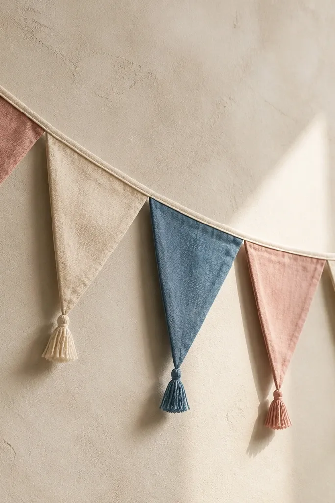 A triangular bunting banner made from three types of cotton scraps. Each triangle has a neat folded hem and a small tassel at the point. The colors are dusty rose, oatmeal, and muted denim blue.
