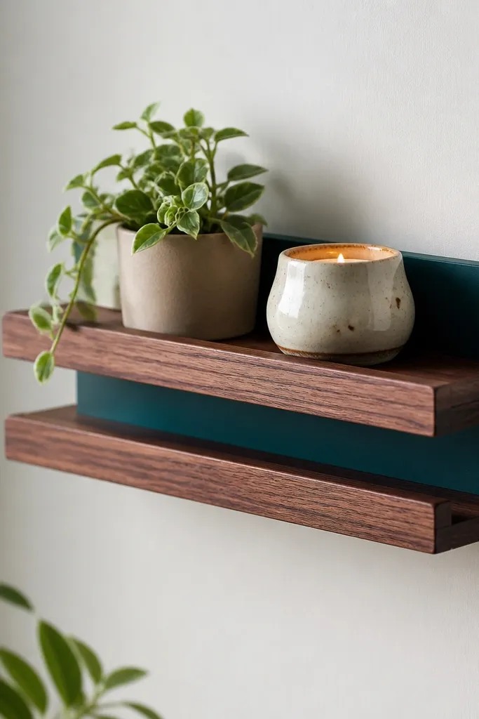 A narrow floating shelf made from two wood slats and a thin backing board. The shelf back is painted a deep teal, and the slats are stained warm walnut. On top sits a small plant pot and a ceramic candle holder.