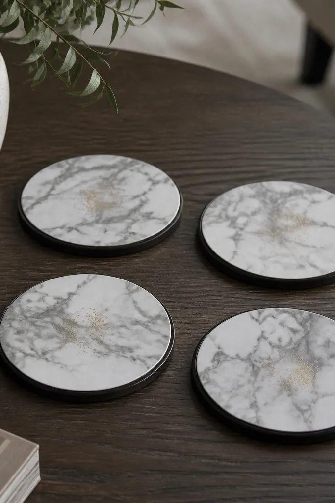 Four round coasters on a coffee table. Each coaster is covered in white-and-gray faux marble contact paper with a subtle gold speckle near the center. The edges are neatly wrapped with thin black tape.
