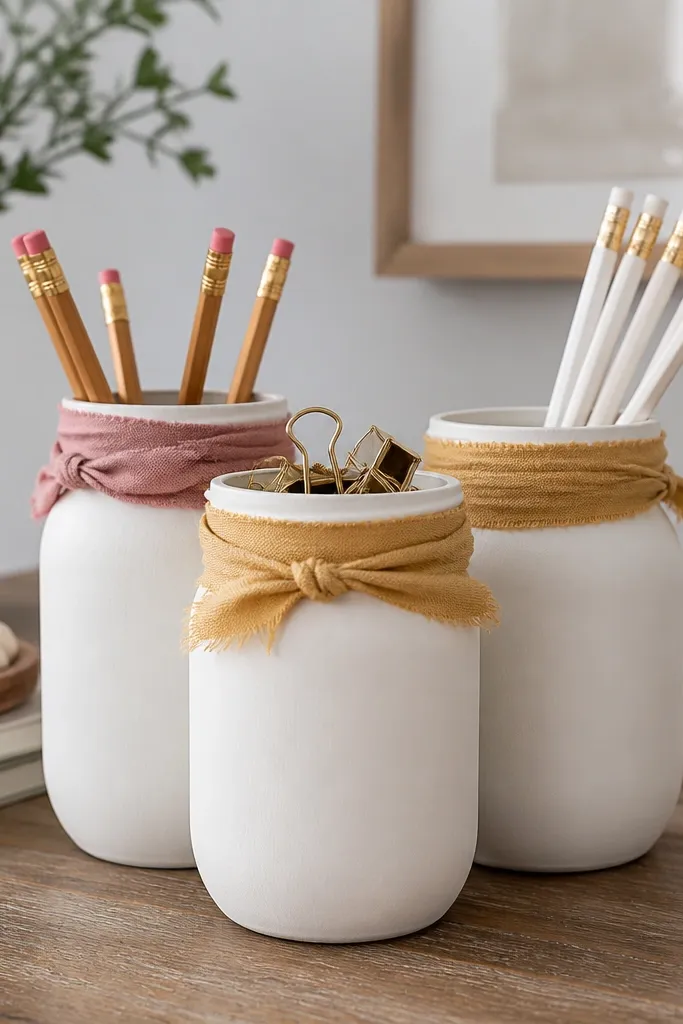 Three mason jars grouped on a desk. The jars are painted matte off-white, and each rim has a fabric wrap in mustard yellow and dusty pink. Small clips and pencils are inside the jars.
