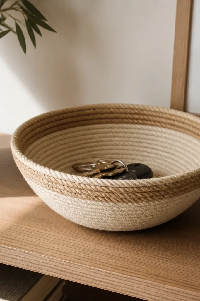 A shallow bowl-shaped basket on a shelf made from tightly coiled thick twine. The color is natural beige, with a slightly darker coil ring near the top. Keys sit inside the bowl.
