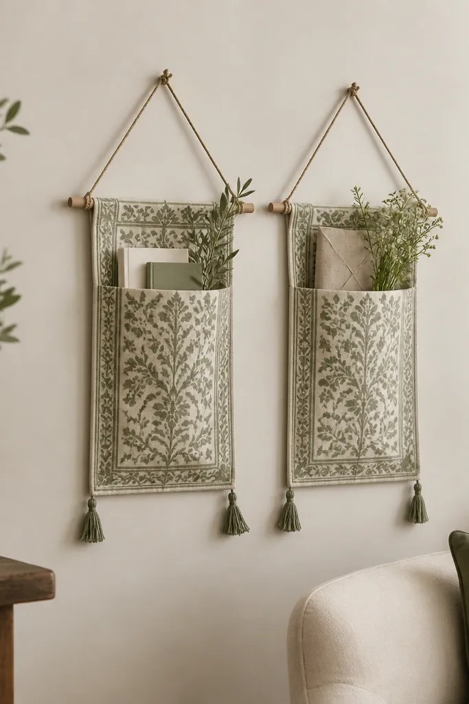 Two hanging wall pockets made from a single patterned table runner. The pockets are sewn or glued into rectangles, with a rod at the top and small tassels at the bottom corners. The pattern is muted green and cream.
