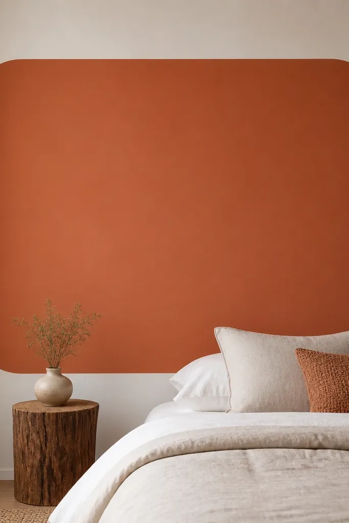 A single wall accent panel with a large geometric shape - a rounded rectangle - painted in matte terracotta on a light wall. The edges are crisp. No other patterns appear on the wall.