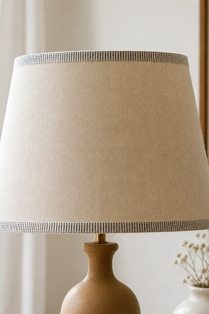 A beige lamp shade with a thin border of patterned washi tape around the top and bottom edges. The tape pattern is tiny black lines on cream, giving a crisp frame.