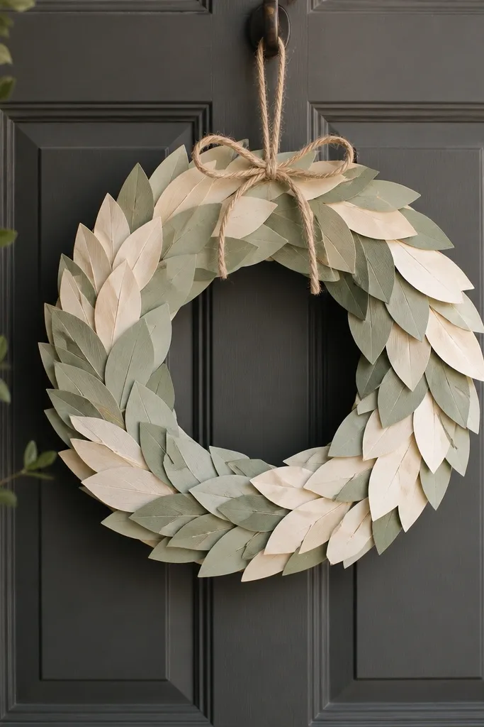 A 14-inch wreath on a front door made of layered paper leaves in muted sage and cream. The leaves overlap like a fan, and a small bow in twine sits at the top.