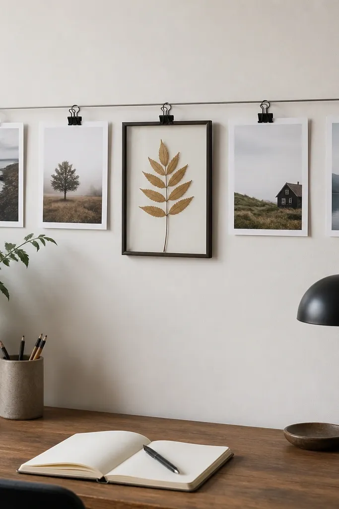 A thin metal picture rail mounted above a desk. Several photos are clipped to it with small black binder-style clips. The photos have white margins and one includes a pressed leaf inside a frame.