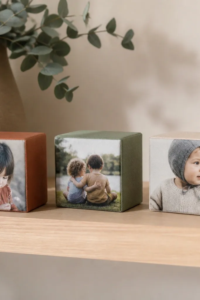 Three small cube blocks on a shelf. Each block has a photo printed on the front and wrapped fabric on the sides in matching solids. The fabric looks like cotton and has soft matte texture.