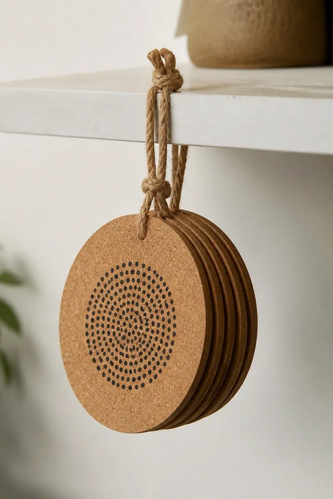 A row of small round coasters tied together with rope, hanging from a shelf edge. The coasters are natural cork with a simple black ink dot pattern in the center.