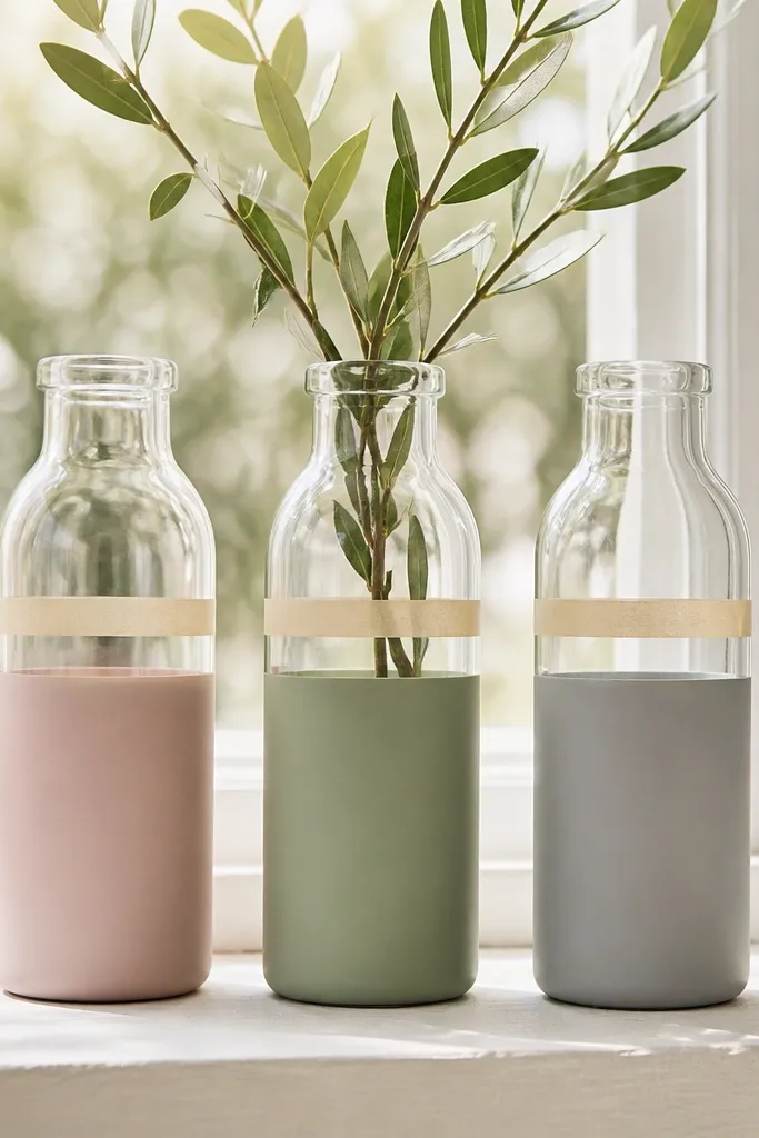 Three glass bottles on a windowsill. Each bottle has matte paint on the bottom half only, and a single strip of label tape near the top. The colors are dusty pink, sage green, and soft gray.