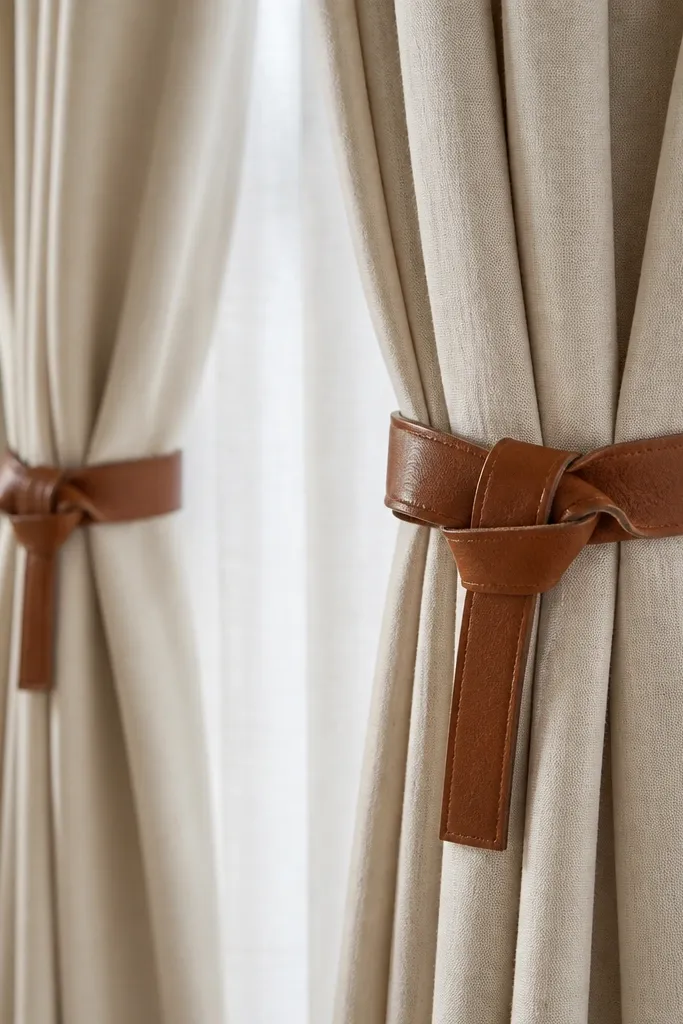 Two curtain tiebacks made from brown leather belts. The belts wrap around the curtain with a soft fabric loop and a small knot. Behind them, light fabric curtains hang in gentle folds.