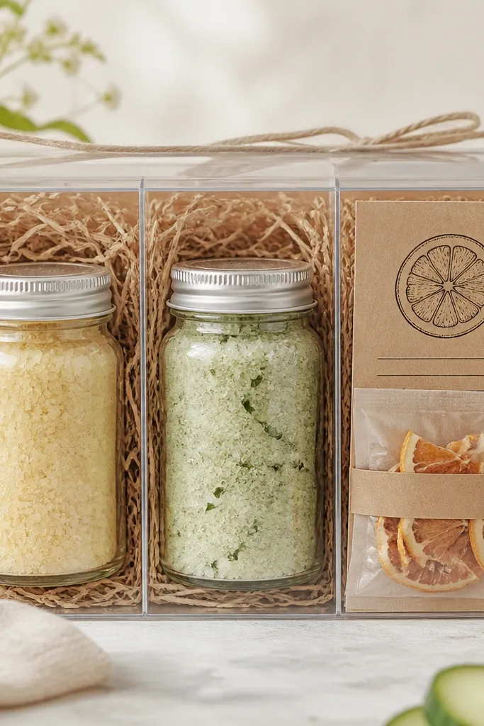 A clear cellophane gift box with three compartments. Left: a small jar labeled "Citrus Rim Salt" with pale yellow crystals. Center: a jar of light green cucumber sugar with visible dried cucumber flecks. Right: a kraft card recipe with a lemon slice illustration and a small sachet of dried orange peel.