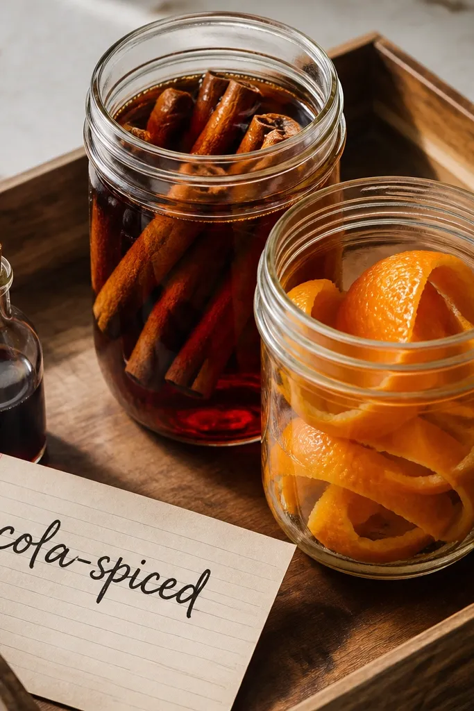 A wooden tray with two glass jars. One jar holds a dark amber syrup with cinnamon sticks floating inside. The other jar contains curled orange peel pieces, bright orange with a glossy surface. A small bottle of vanilla extract sits in a corner, and a recipe card shows "cola-spiced" in bold hand lettering.