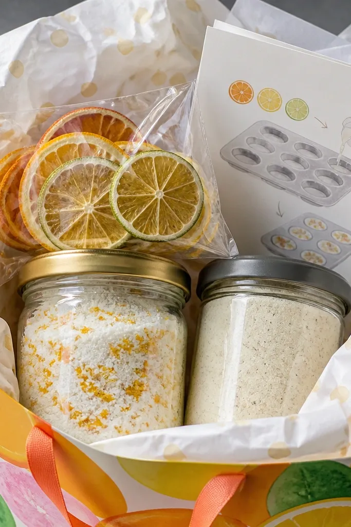 A bright gift bag with tissue paper. Inside are two jars: one with white sugar speckled with orange zest, and one labeled "Vanilla Pod Dust" with tiny vanilla flecks. A clear bag of small citrus slices sits on top, plus a card with a simple diagram for freezing citrus ice cubes in a muffin tin.