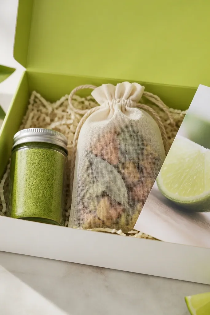 A lime-green and white box with a salt jar and a small muslin sachet. The salt is bright green with fine lime powder. The sachet contains dried watermelon rind pieces and a few dried lime leaves. A printed card says "rim, stir, sip" with a lime wedge photo.