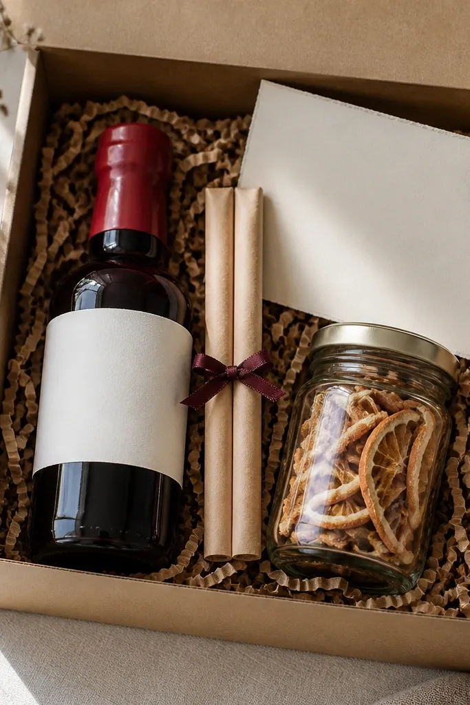 A gift set with a dark glass bottle of cherry syrup, two small paper-wrapped stir sticks, and a mini jar of dried orange peel. The syrup bottle has a red wax-style cap look (actually a thick label wrap). The card uses a small wax-seal sticker near the corner.