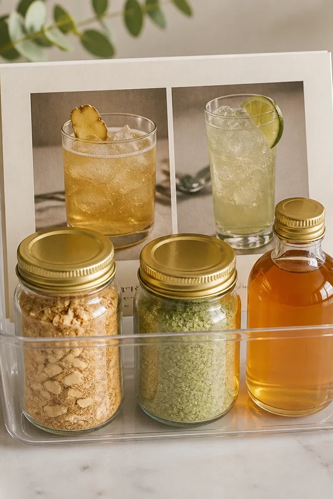 A clear bin with three items: a jar of ginger spice blend (tan with visible ginger flakes), a jar of lime salt (greenish), and a small bottle of simple syrup (amber). A thick cardstock guide shows two recipes: "Ginger Beer Punch" and "Lime Fizz."