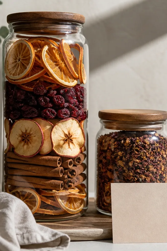 A tall jar filled with dried citrus, dried berries, and cinnamon sticks, layered so you can see the colors through the glass. Next to it is a smaller jar of fruit tea blend (reddish-brown). A card reads "Steep + pour + garnish."