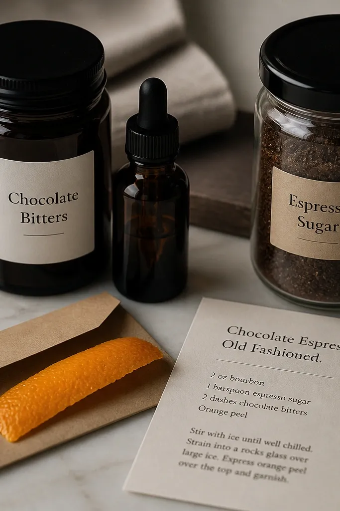 A dark brown jar labeled "Chocolate Bitters" with a dropper bottle beside it. Another jar holds dark espresso sugar with a fine granular look. A small kraft envelope contains a strip of orange peel and a recipe card for a "Chocolate Espresso Old Fashioned."