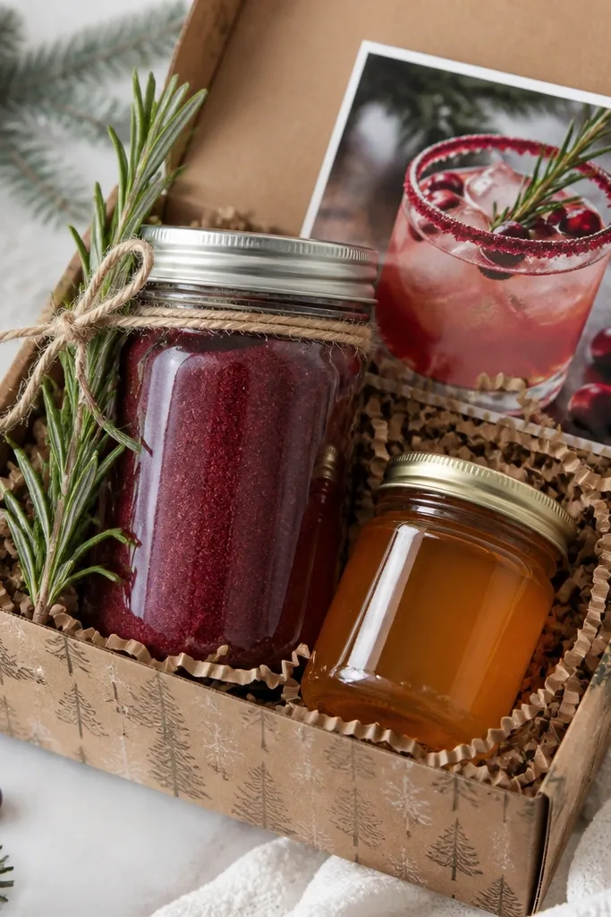 A wintery gift box with a jar of red cranberry dust (fine powder) and a small jar of honey. A rosemary sprig is tied to the lid with twine. A card shows a photo of a glass rim coated in red powder and a simple recipe for a rosemary cranberry spritz.
