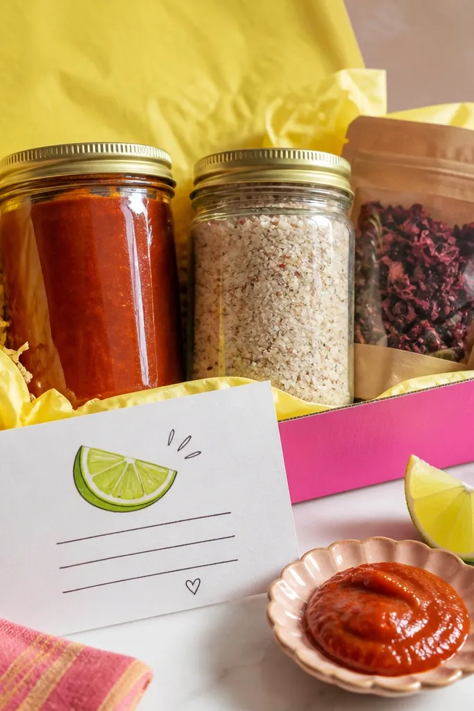 A bright pink and yellow kit. There's a jar of red-orange fruit paste with a glossy surface, a jar of pale chili-lime rim salt, and a small bag of dried hibiscus. The card is handwritten with a lime wedge drawing and a note about chilling the paste.