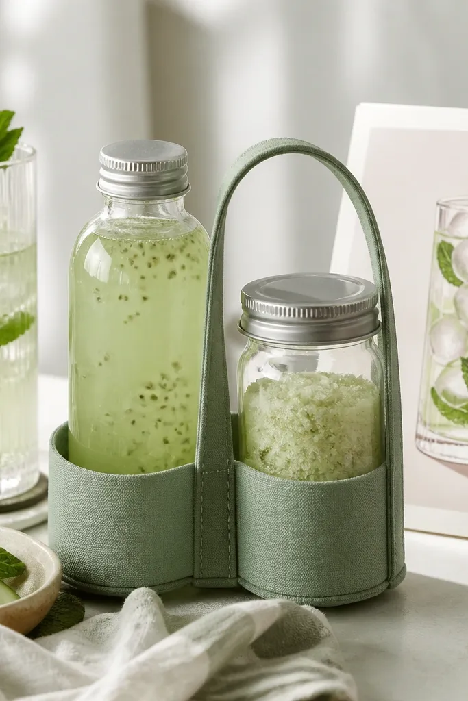Two green-tinted bottles in a carrier. One is a pale green tonic concentrate with cucumber seeds visible. The other is a small jar labeled "Lemon Zest Cloud" with fluffy zest sugar. A recipe card shows a tall glass with ice and mint leaves.