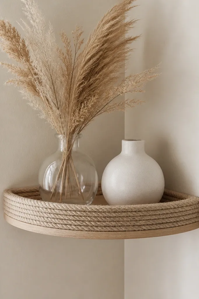 A small wall-mounted shelf in the corner with a shallow wooden tray wrapped in thick neutral yarn. Two short vases sit on top - one clear glass with dried pampas, one ceramic in matte white.
