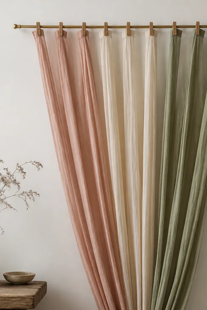 A tension rod mounted high on the wall. Several strips of fabric hang down in a fan shape, with small wooden clips holding each strip. Colors are dusty rose, cream, and sage.