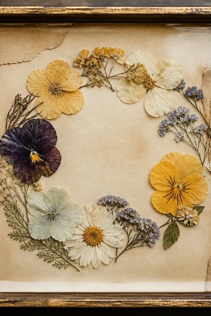 A small square frame with a background of aged book pages. Pressed flowers are arranged in a loose circle, and a thin layer of clear glossy sealant creates a glassy finish.