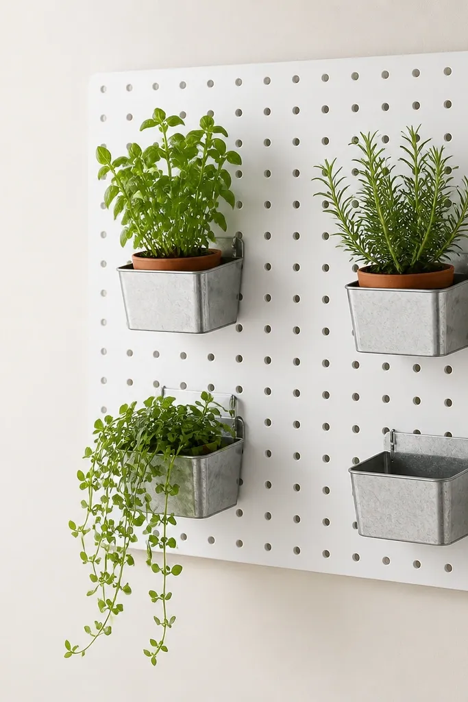 A white pegboard mounted on the wall with four small metal planters clipped into the holes. Two planters hold herbs in small pots, and one has a trailing plant.