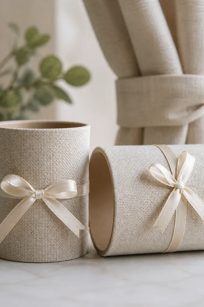 Two fabric curtain tiebacks made from wrapped cardboard tubes. The tubes are covered in linen-look fabric and tied with a small ribbon bow.