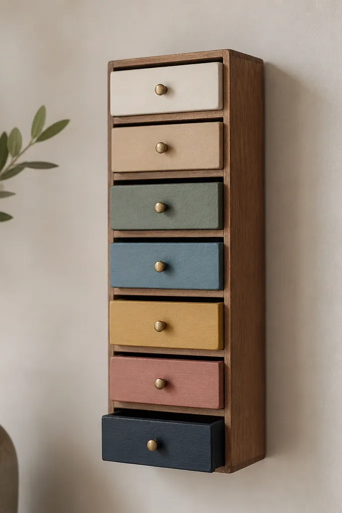 A vertical set of small wooden matchbox-style drawers mounted on a wall. Each drawer face is painted in muted colors, with tiny brass knobs.