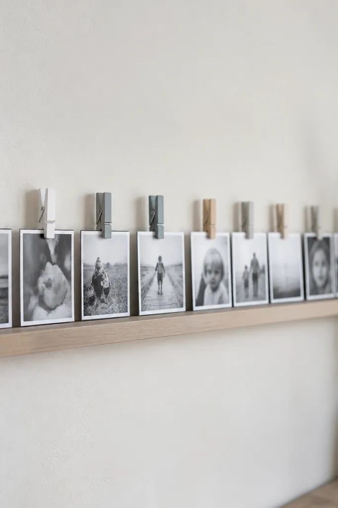 A thin floating shelf holding a line of mini photo clips on painted wooden pegs. Photos are printed in black and white and clipped in a neat row.