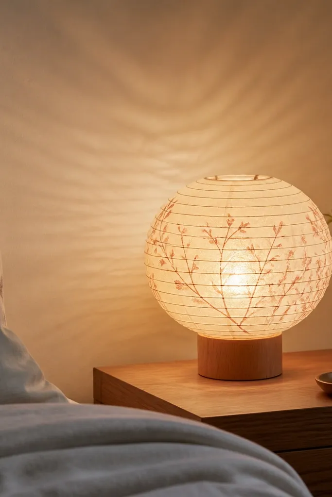 A warm-white paper lantern shade mounted over a small bedside lamp. The lantern has a subtle pattern and throws soft light across the wall.