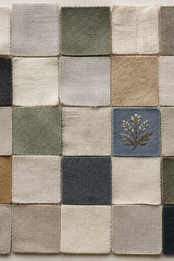 A single large frame containing a grid of small fabric squares. Some squares are linen, some are felt, and one is a small embroidered patch in muted blue.